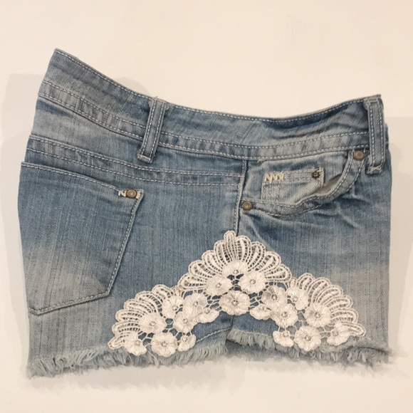 Hot Kiss | Blue Denim & Lace Jean Shorts - Picture 5 of 7
